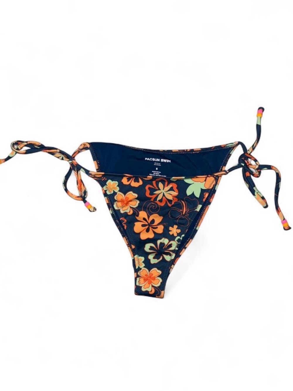 Y2K PacSun Navy Floral Beaded Tie-Side Bikini Bottom with Orange & Mint Accents